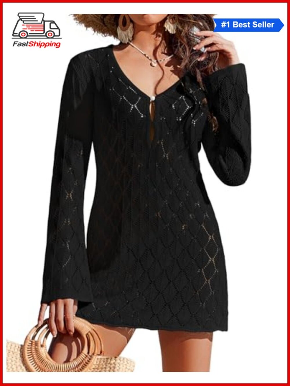 ✨Ekoyaer Crochet Swim Cover Up Long Sleeve Knit Beach Coverup Vacation Swimwear